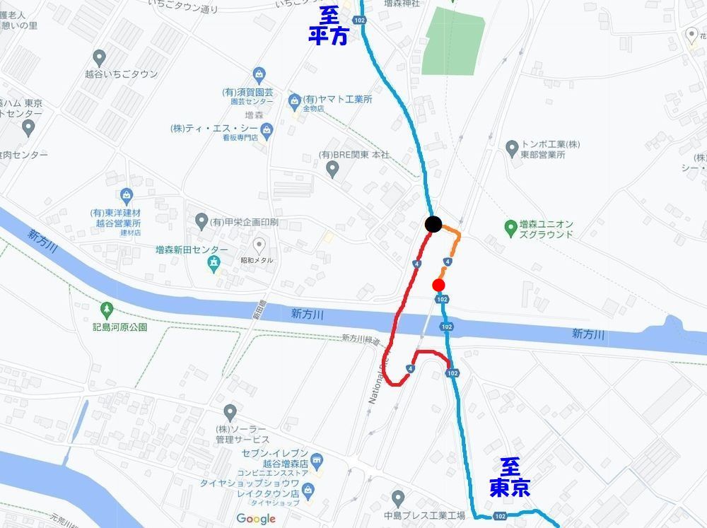 新方川を渡る平方東京線の路線図